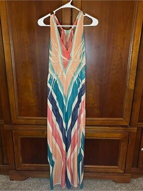 Sleeveless Striped V-Neck Maxi Dress in Coral, Teal & Navy